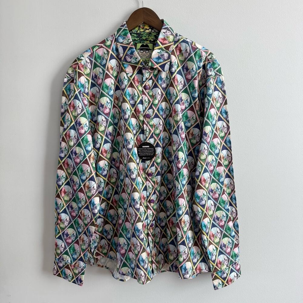 Ron English NWT Popaganda Long Sleeve Button Down Shirt Skulls Star Eyes Rainbow